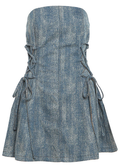French Blue Cold Shoulder Tie Waist Mini Dress Summer