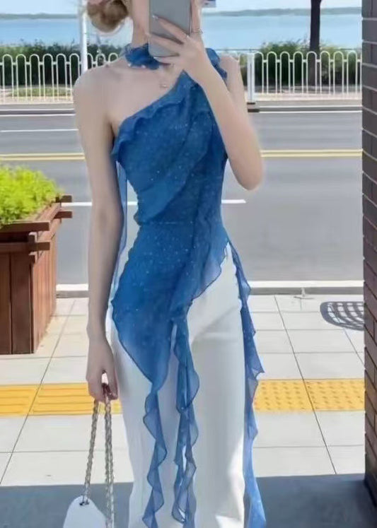 French Blue Dot One Shoulder Asymmetrical Chiffon Tank Sleeveless