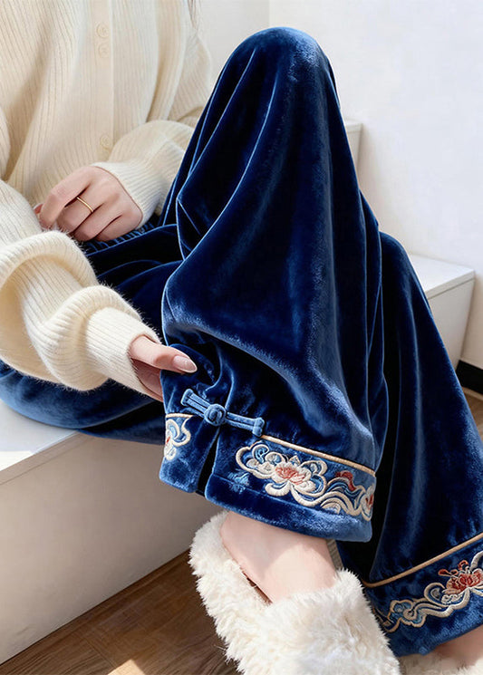 French Blue Embroidered Button Silk Velvet Pants Spring
