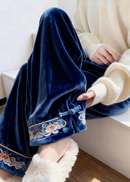 French Blue Embroidered Button Silk Velvet Pants Spring