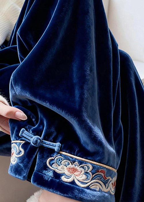 French Blue Embroidered Button Silk Velvet Pants Spring