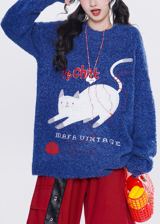 French Blue Embroidered Cute Cat Knit Tops Winter