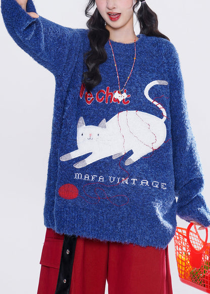 French Blue Embroidered Cute Cat Knit Tops Winter