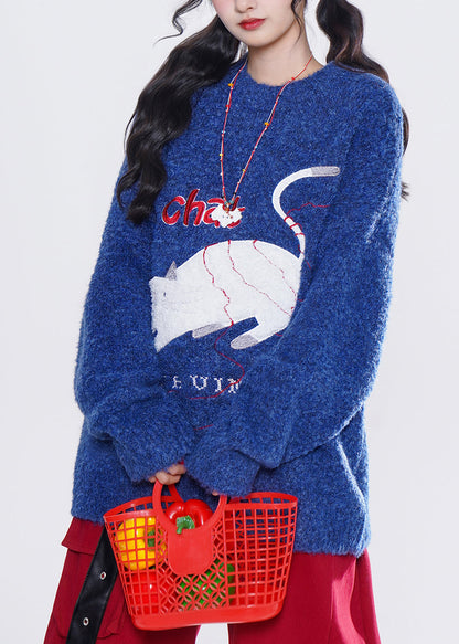 French Blue Embroidered Cute Cat Knit Tops Winter