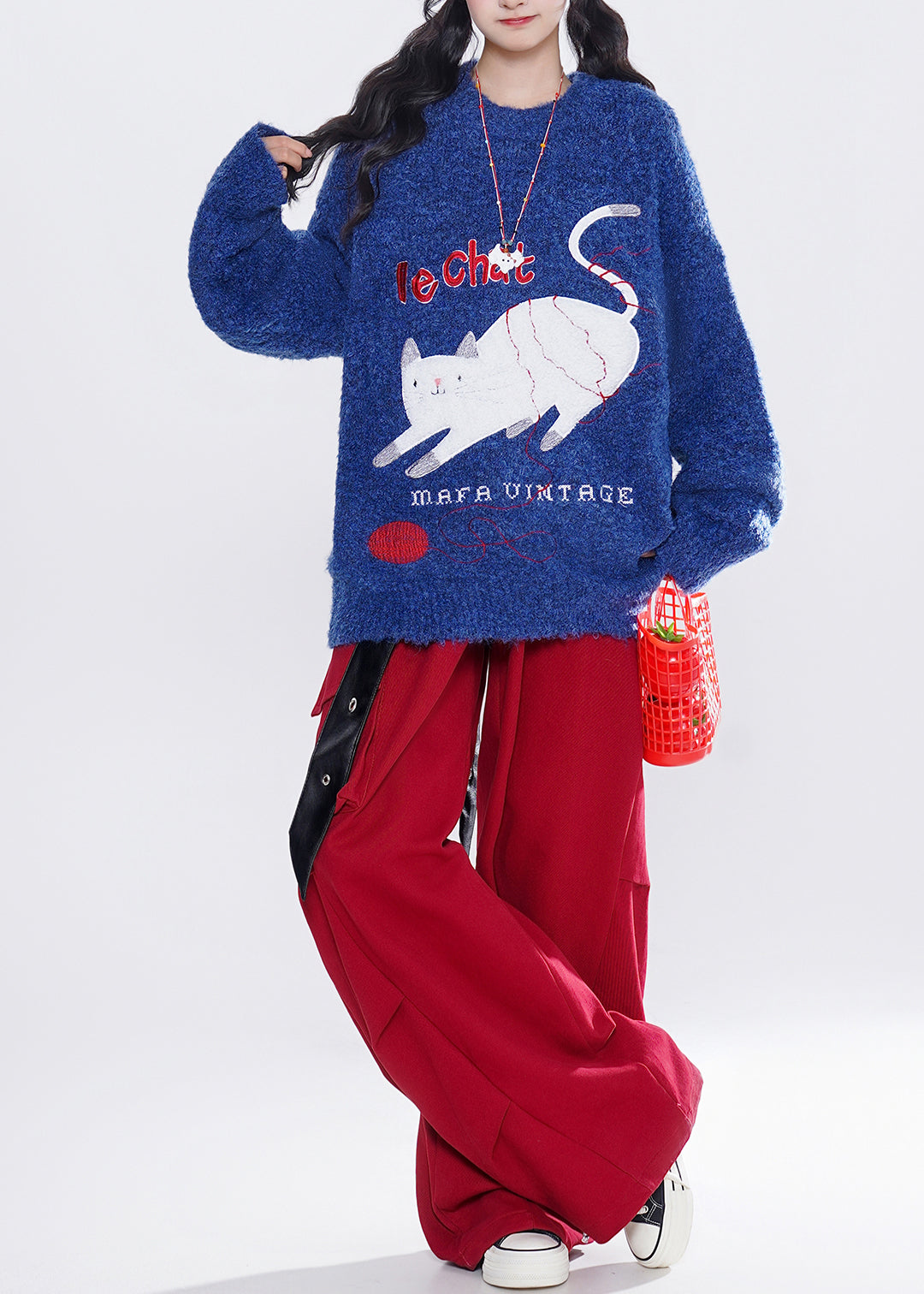 French Blue Embroidered Cute Cat Knit Tops Winter