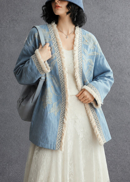 French Blue Embroidered Oversized Cotton Cardigan Fall