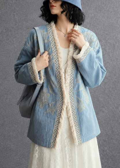 French Blue Embroidered Oversized Cotton Cardigan Fall