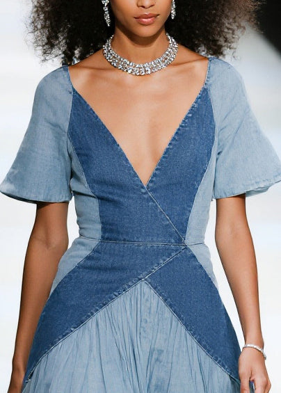 French Blue Exra Large Hem Patchwork Tulle Denim Dress Summer