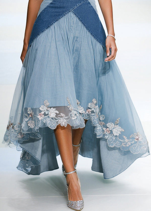 French Blue Exra Large Hem Patchwork Tulle Denim Dress Summer