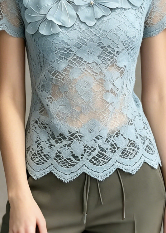French Blue Floral Cut Out Lace Tops Summer