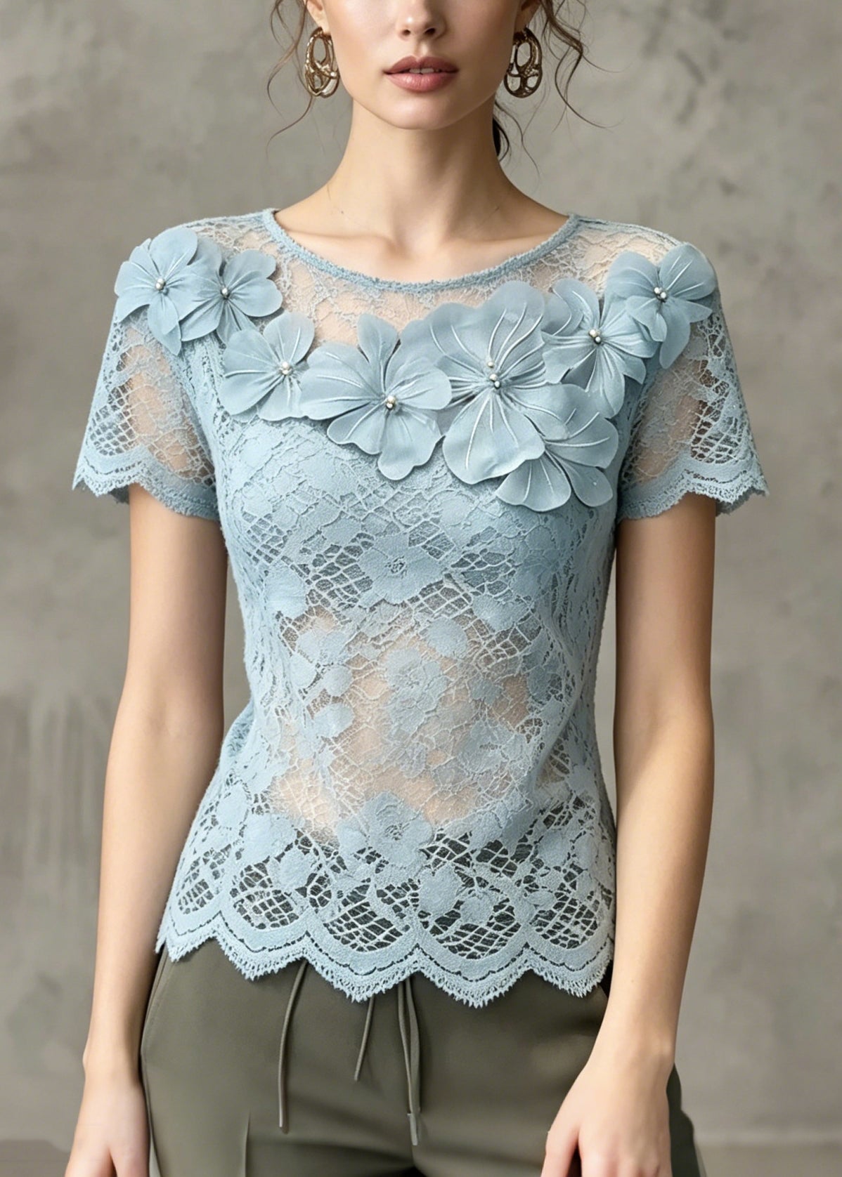 French Blue Floral Cut Out Lace Tops Summer