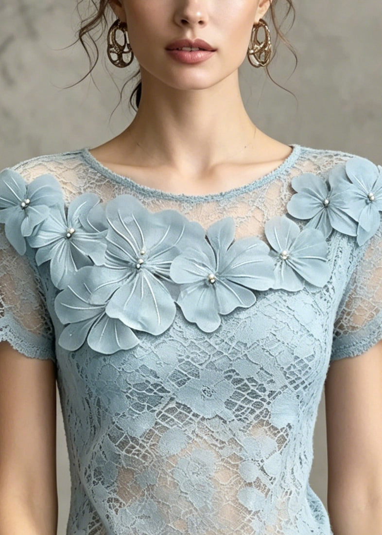 French Blue Floral Cut Out Lace Tops Summer