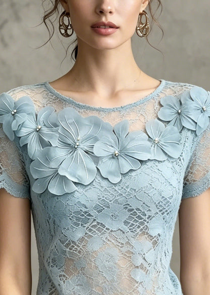 French Blue Floral Cut Out Lace Tops Summer