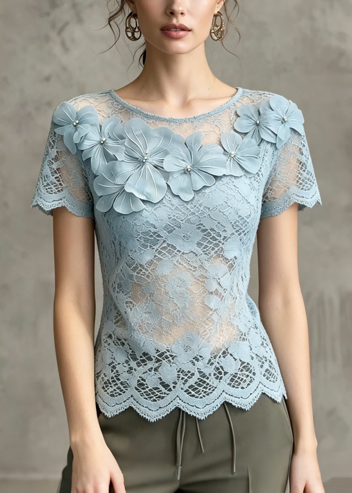 French Blue Floral Cut Out Lace Tops Summer