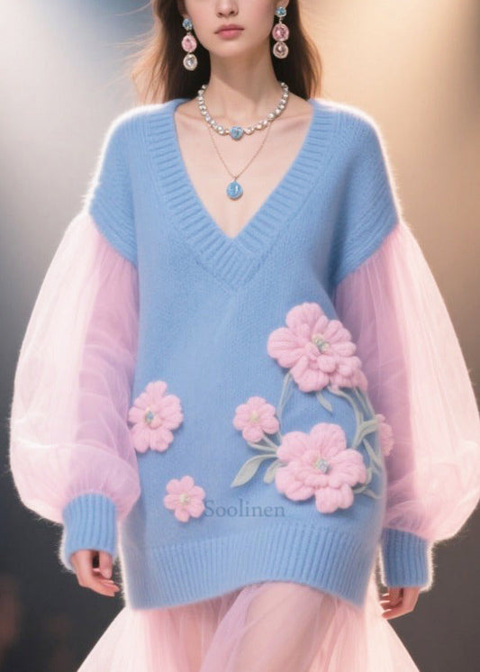 French Blue Flower Decorated Patchwork Tulle Knit Dress Winter