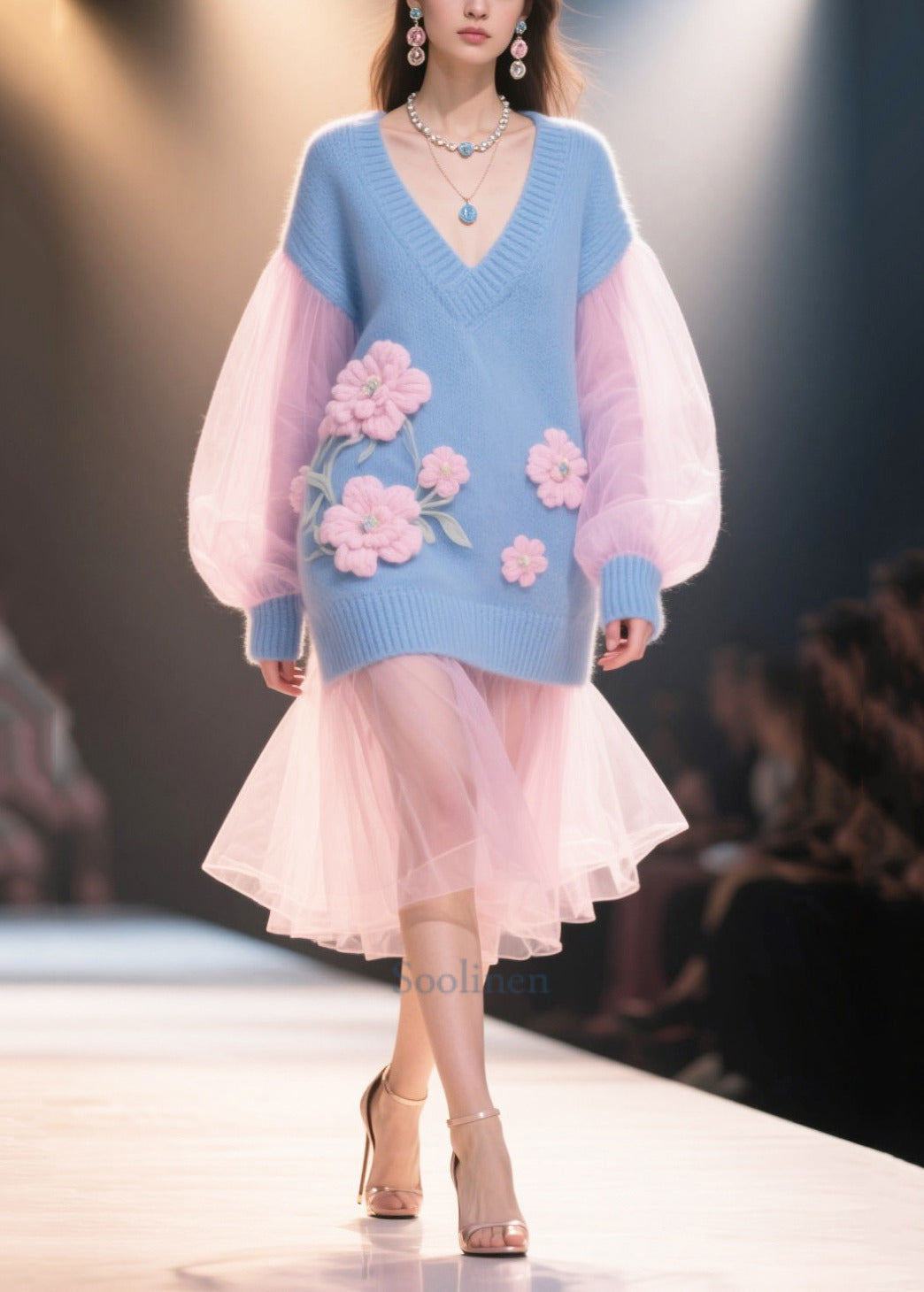 French Blue Flower Decorated Patchwork Tulle Knit Dress Winter