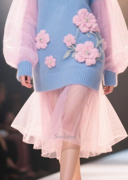 French Blue Flower Decorated Patchwork Tulle Knit Dress Winter