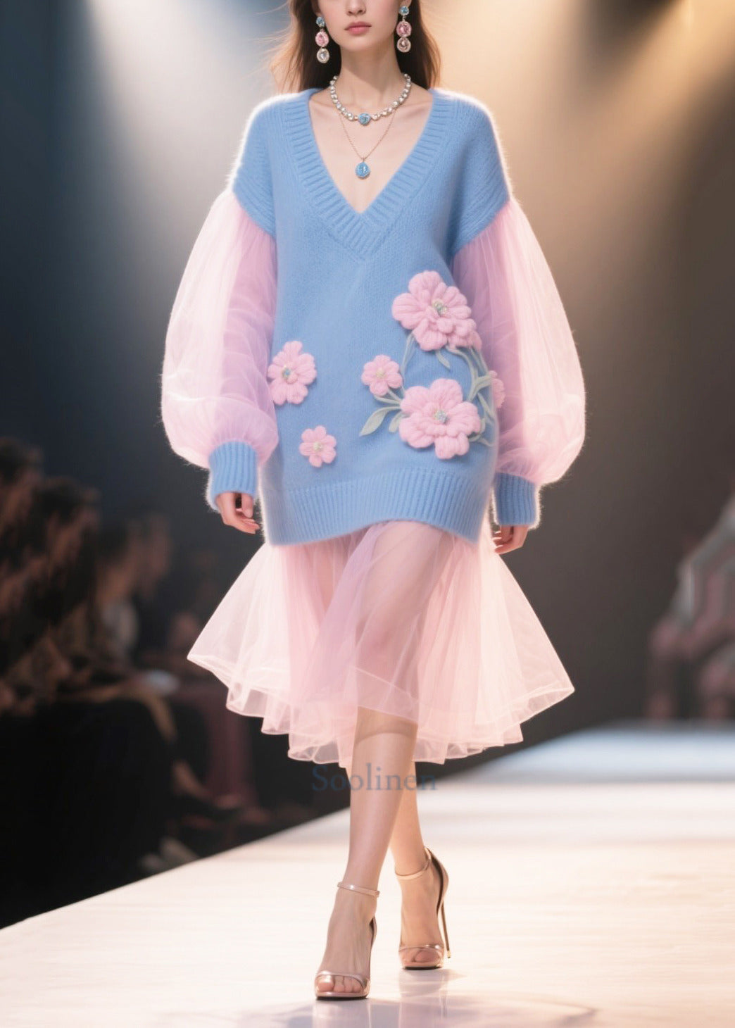 French Blue Flower Decorated Patchwork Tulle Knit Dress Winter