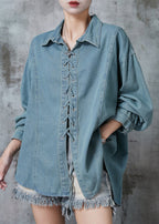 French Blue Grey Cross Strap Denim Shirt Top Fall