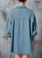 French Blue Grey Cross Strap Denim Shirt Top Fall