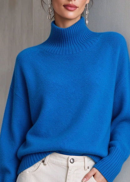 French Blue Hign Neck Thick Knit Sweater Tops Fall