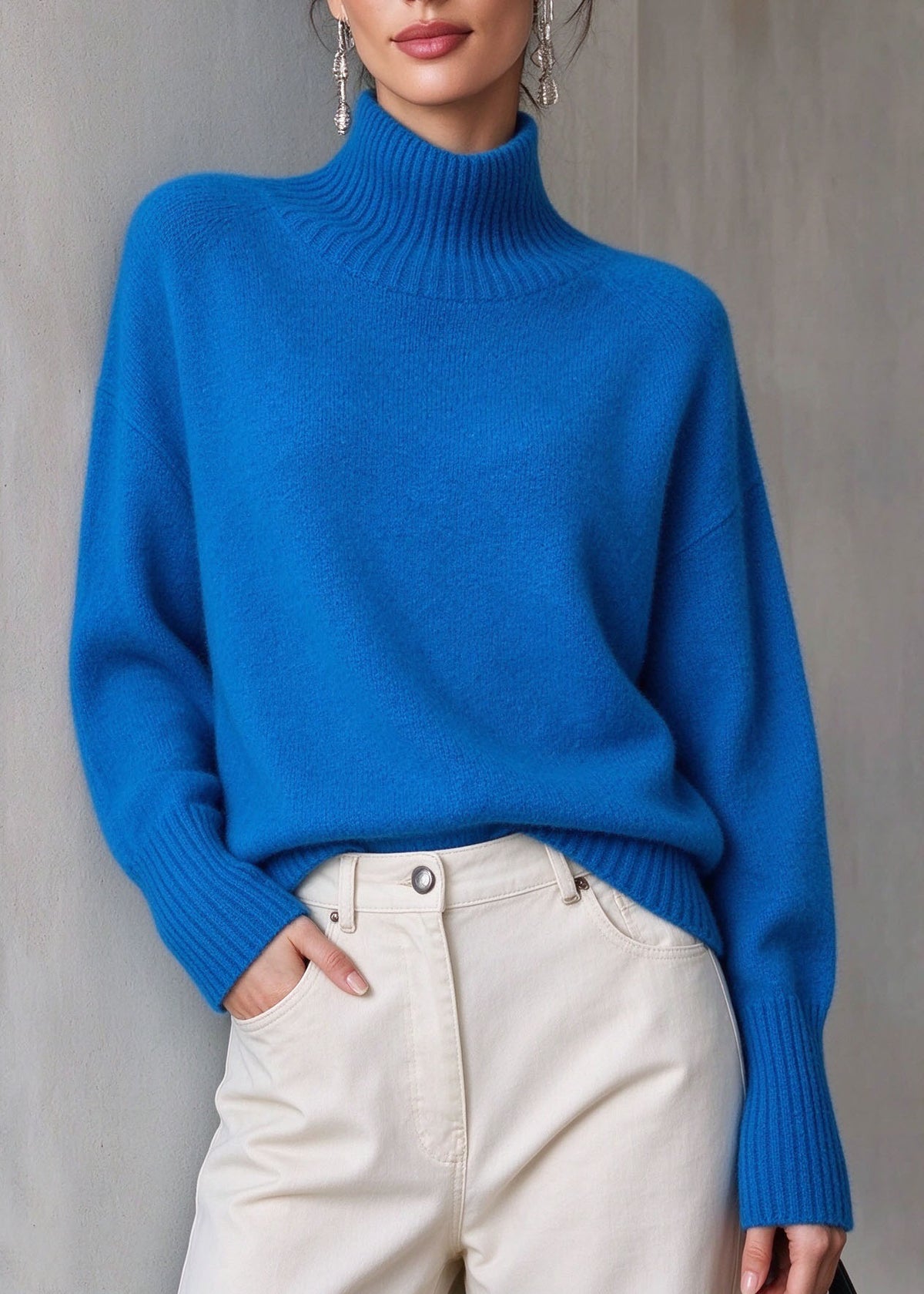 French Blue Hign Neck Thick Knit Sweater Tops Fall