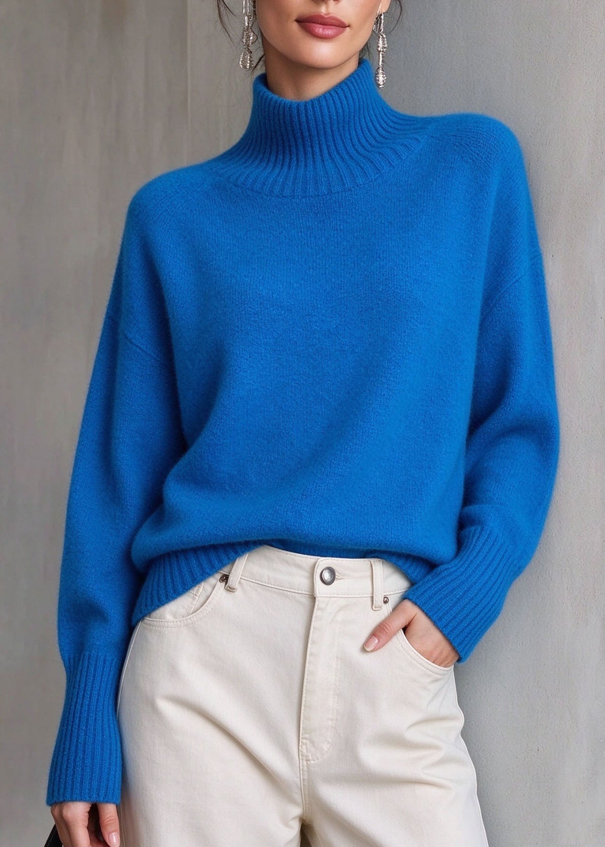 French Blue Hign Neck Thick Knit Sweater Tops Fall