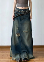 French Blue Hole High Waist Denim Maxi Skirts Summer