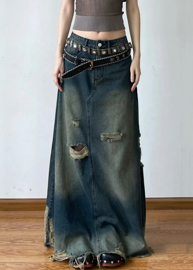 French Blue Hole High Waist Denim Maxi Skirts Summer
