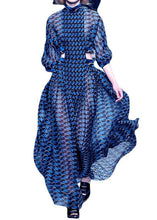 Load image into Gallery viewer, French Blue Hollow Out Print Chiffon Long Dresses Long Sleeve
