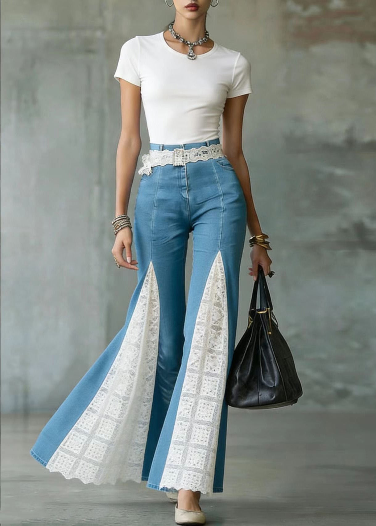 French Blue Lace Patchwork Denim Flared Trousers Spring