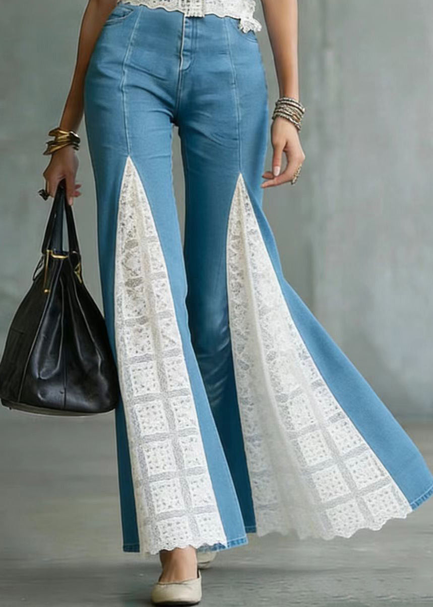 French Blue Lace Patchwork Denim Flared Trousers Spring
