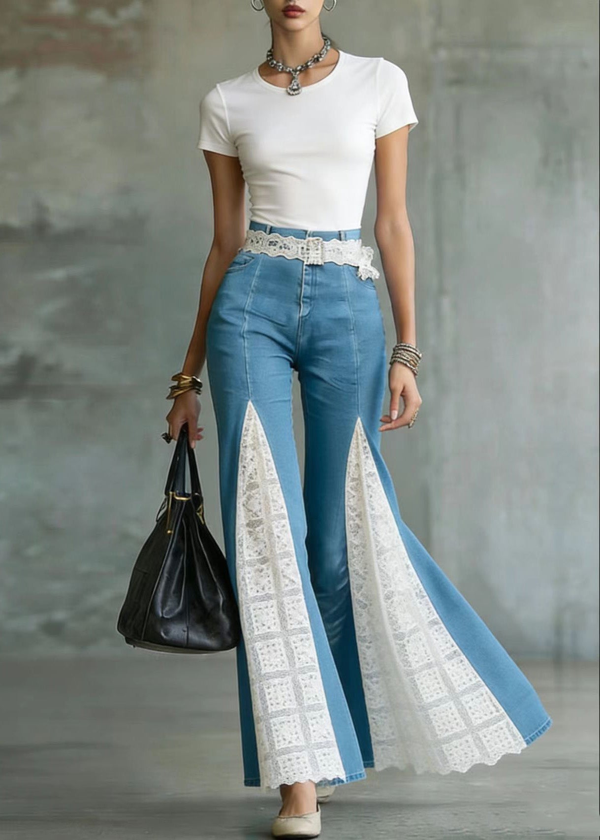 French Blue Lace Patchwork Denim Flared Trousers Spring
