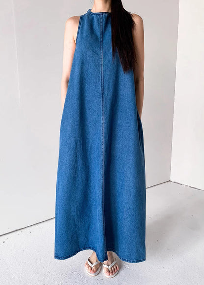 French Blue Lace Up Pockets Denim Long Dresses Sleeveless