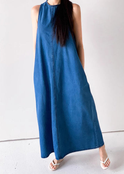 French Blue Lace Up Pockets Denim Long Dresses Sleeveless