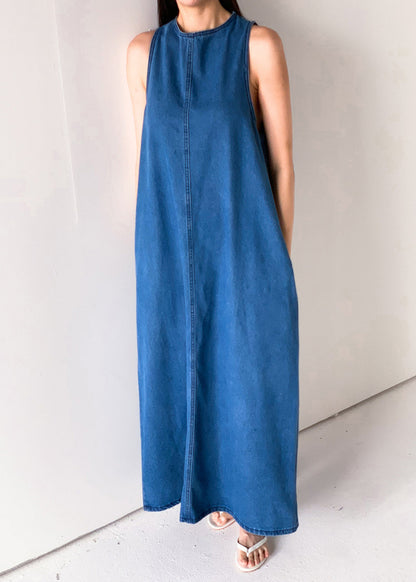 French Blue Lace Up Pockets Denim Long Dresses Sleeveless