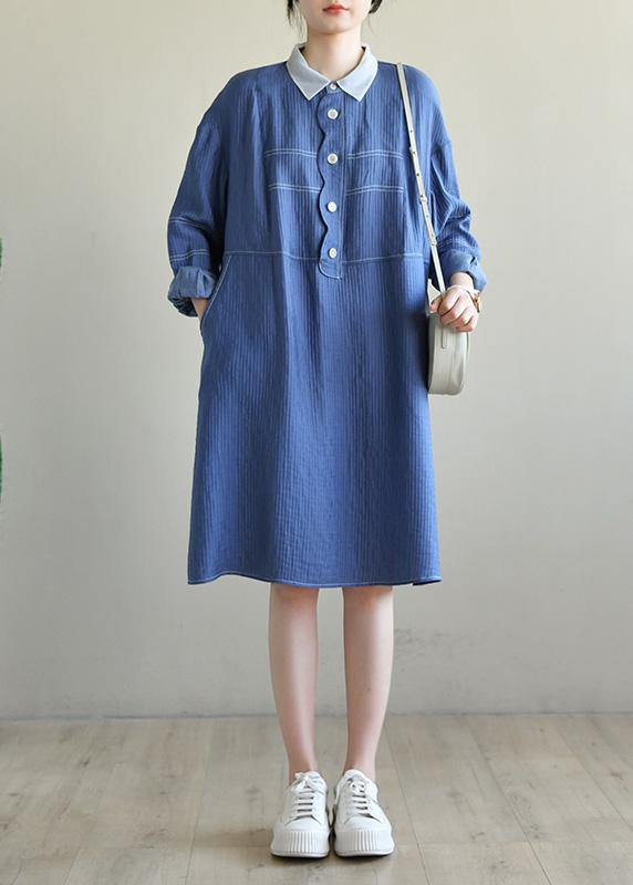 French Blue Long sleeve Patchwork Button Dress Spring - SooLinen