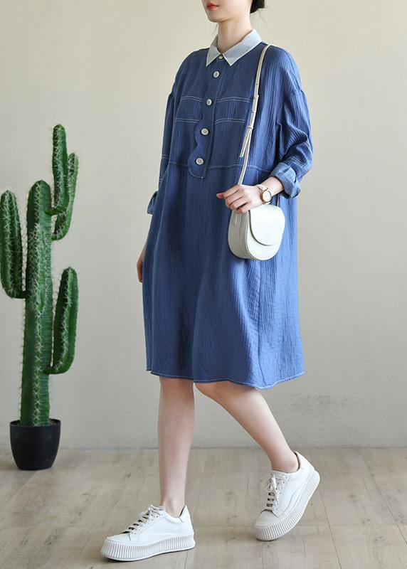 French Blue Long sleeve Patchwork Button Dress Spring - SooLinen