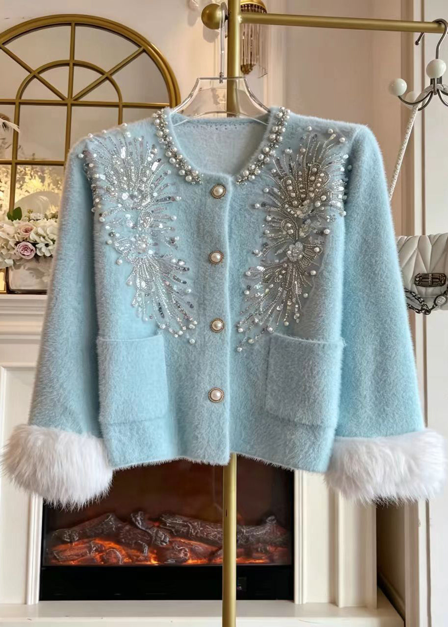 French Blue Nail Bead Sequins Pockets Cuff Fur Trim Mink Hair Knitted Cardigan Fall