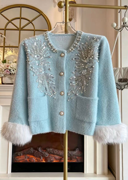 French Blue Nail Bead Sequins Pockets Cuff Fur Trim Mink Hair Knitted Cardigan Fall