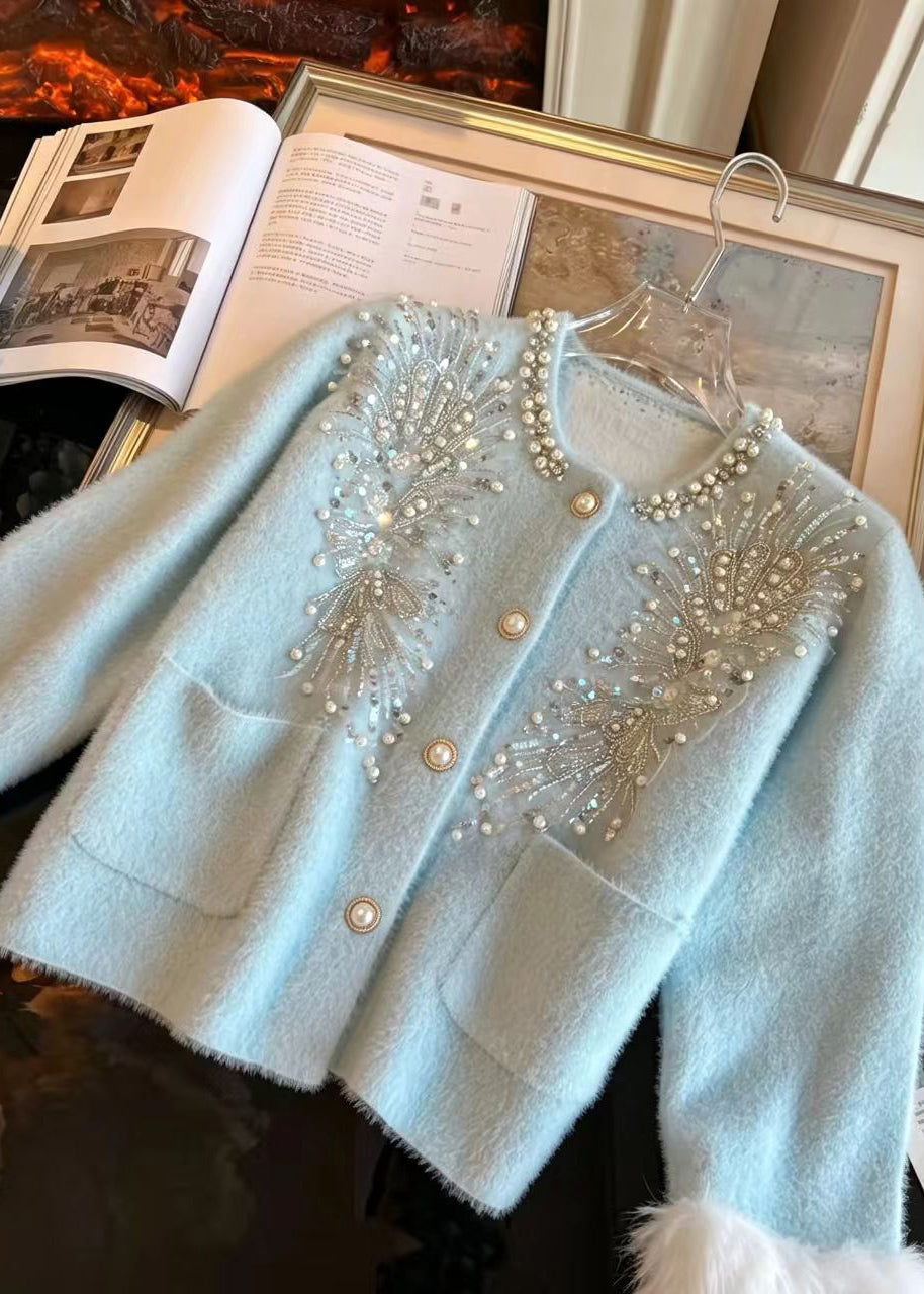 French Blue Nail Bead Sequins Pockets Cuff Fur Trim Mink Hair Knitted Cardigan Fall