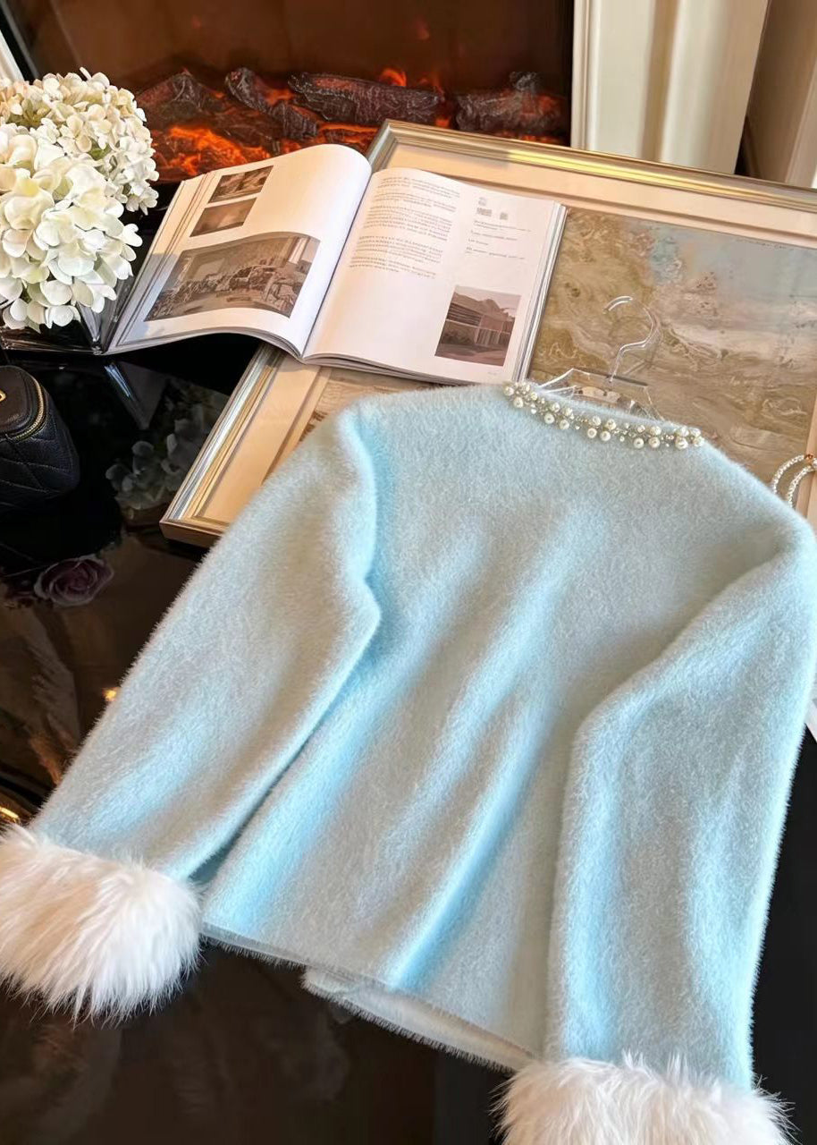 French Blue Nail Bead Sequins Pockets Cuff Fur Trim Mink Hair Knitted Cardigan Fall