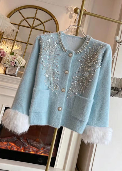 French Blue Nail Bead Sequins Pockets Cuff Fur Trim Mink Hair Knitted Cardigan Fall