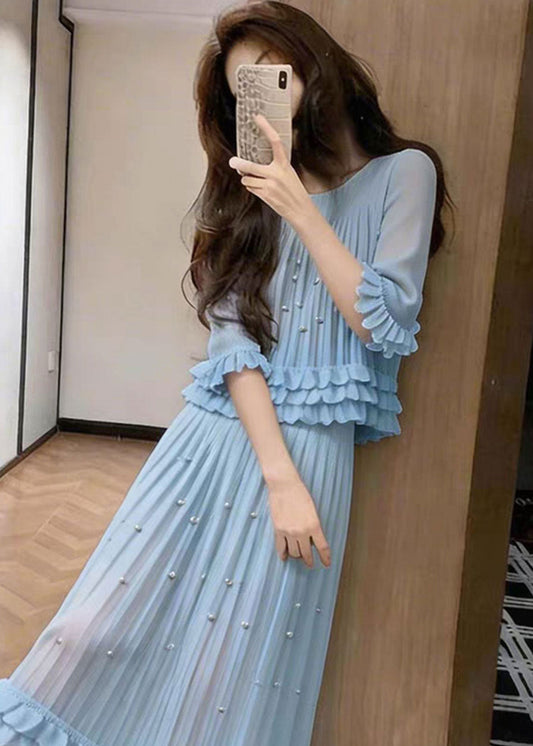 French Blue Nail Bead Wrinkled Chiffon Women Sets 2 Pieces Summer