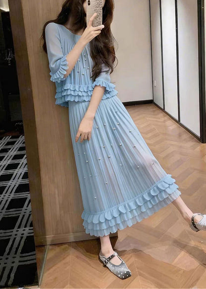 French Blue Nail Bead Wrinkled Chiffon Women Sets 2 Pieces Summer