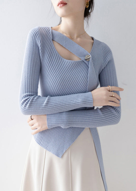 French Blue O Neck Asymmetrical Design Knit Sweaters Spring