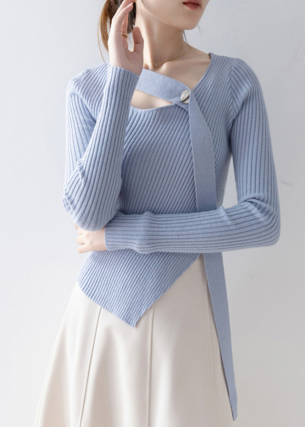 French Blue O Neck Asymmetrical Design Knit Sweaters Spring
