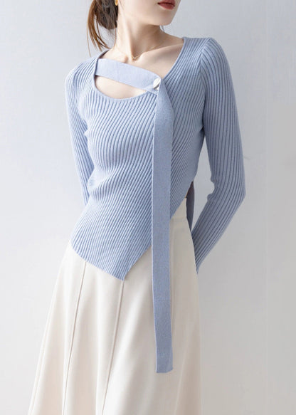 French Blue O Neck Asymmetrical Design Knit Sweaters Spring
