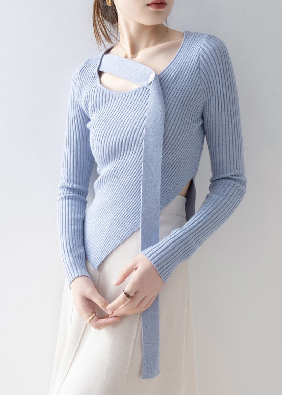 French Blue O Neck Asymmetrical Design Knit Sweaters Spring