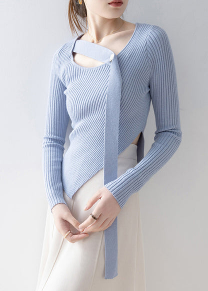French Blue O Neck Asymmetrical Design Knit Sweaters Spring